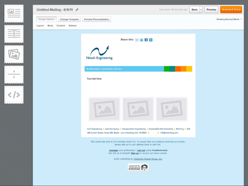 Emma's drag-and-drop email editor, showing a mailing in progress with layout, body, content, and sidebar design options.