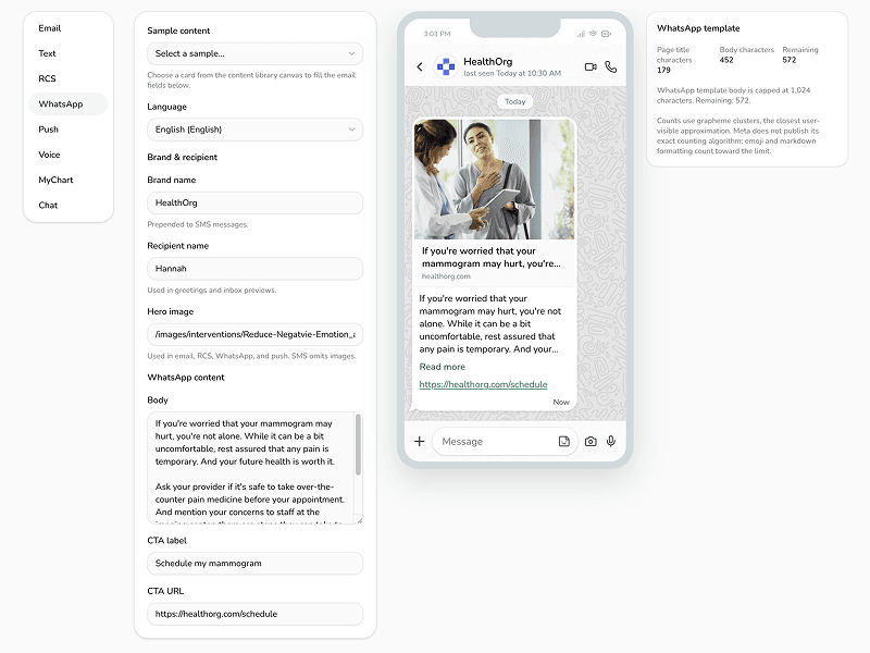 Lirio preview tool showing a WhatsApp message preview with channel, language, brand, and recipient controls.